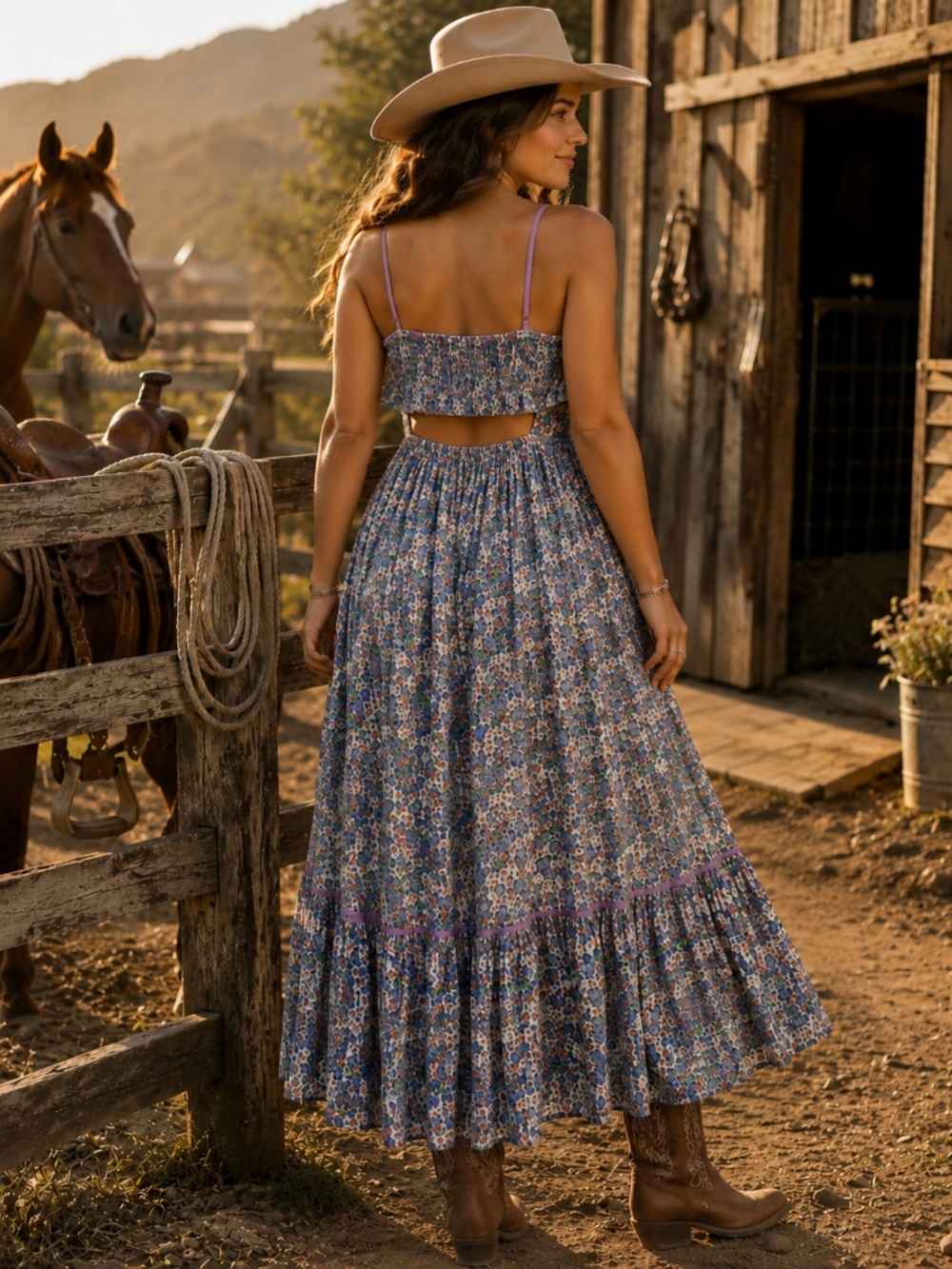 Free People maxi dress M baby doll bodice tiered smocked ribbon cowgirl boho - Picture 3 of 16